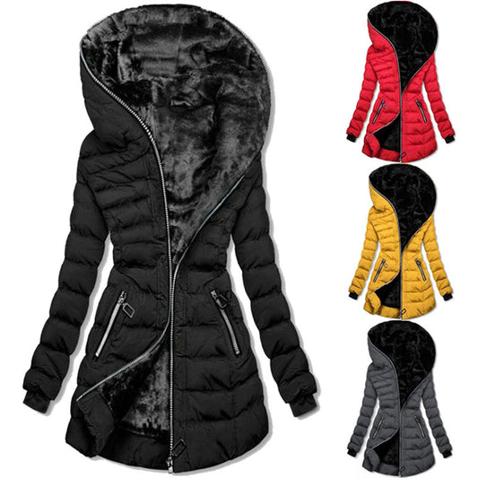 Hooded Warm Fleece Padded Jacket Mid-length Jacket Black Padded Jacket - Prime Warehouse