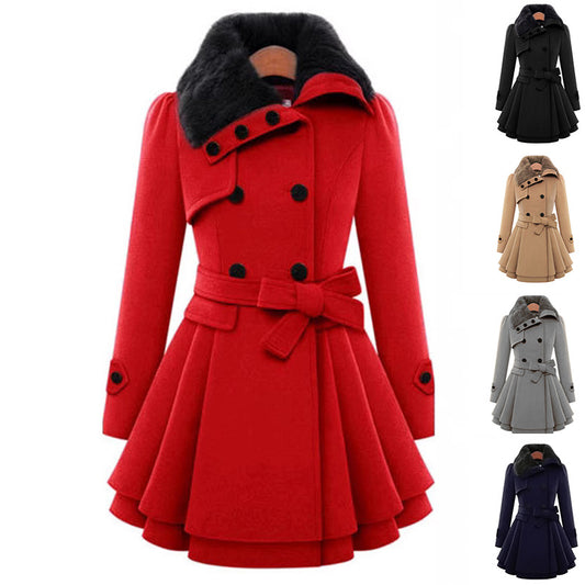 Mid-length Woolen Coat With Belt Thickened Double-breasted Padded Windbreaker Coat for Women
