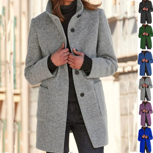 Women's Fall and Winter Stand Collar Woolen Coat With Pockets For