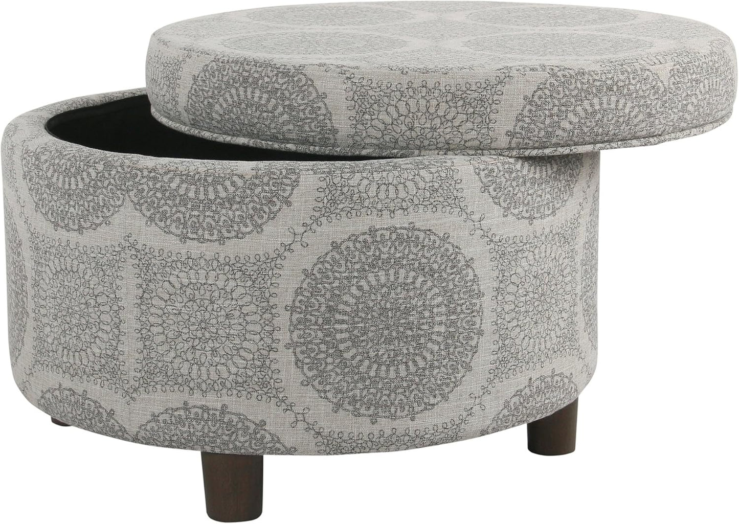 Home Decor | Upholstered round Storage Ottoman | Ottoman with Storage for Living Room & Bedroom (Grey Medallion) 24.0 In. X 24.0 In. X 17.0 In.