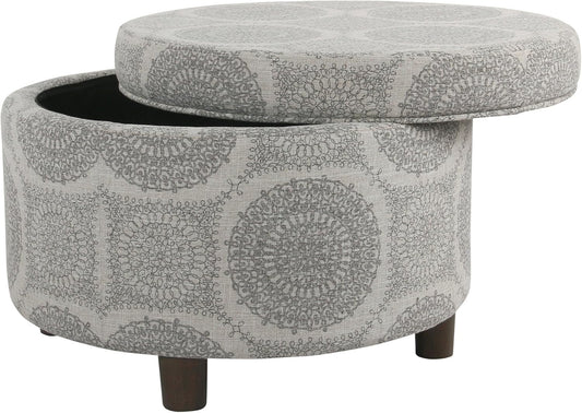 Home Decor | Upholstered round Storage Ottoman | Ottoman with Storage for Living Room & Bedroom (Grey Medallion) 24.0 In. X 24.0 In. X 17.0 In.